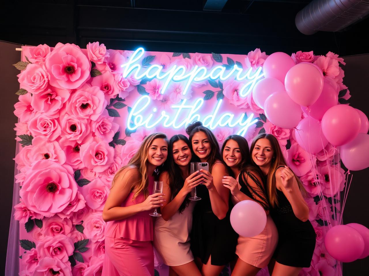 Birthday celebration with floral neon backdrop