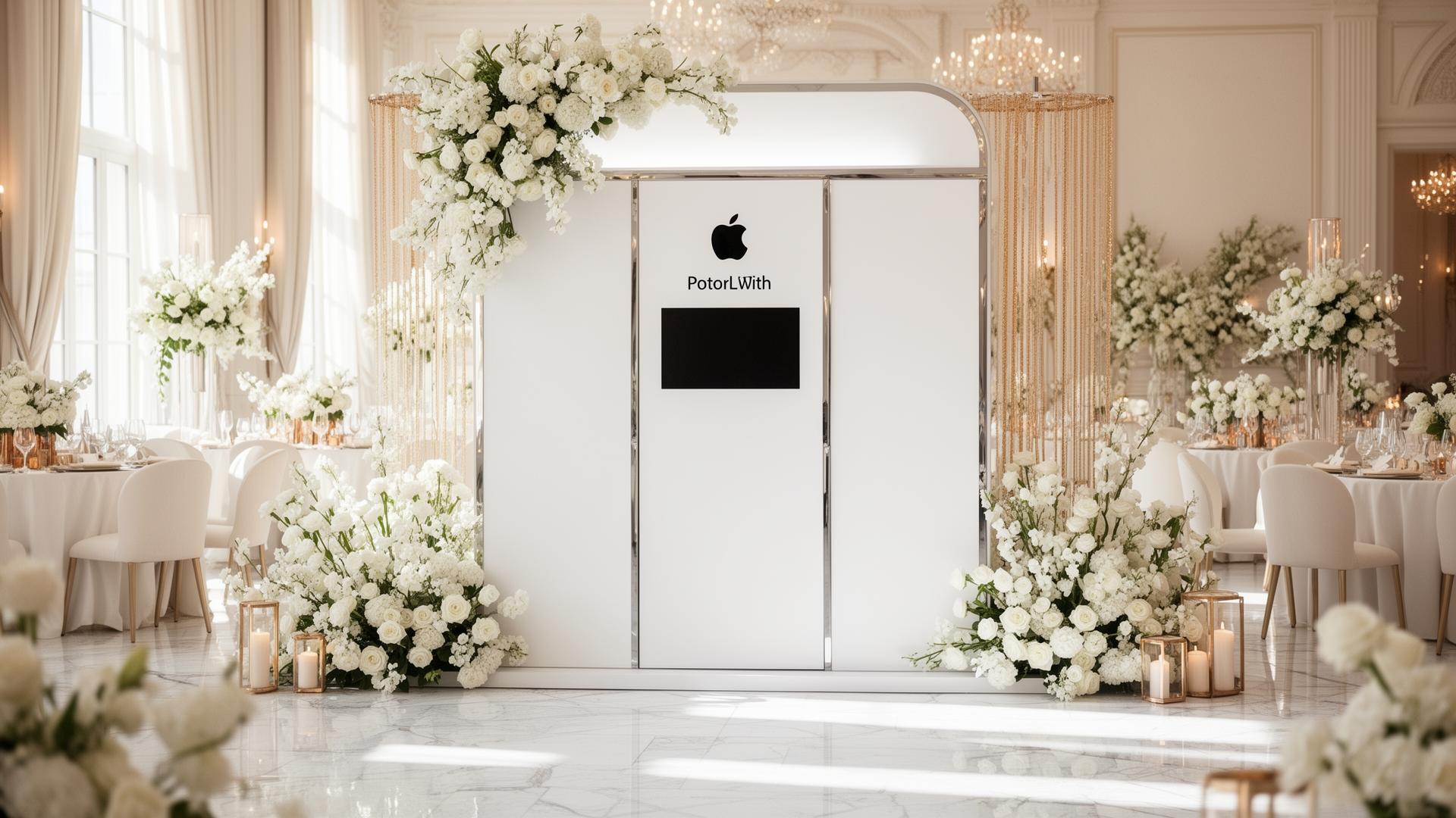 Luxury white floral photo booth at a wedding
